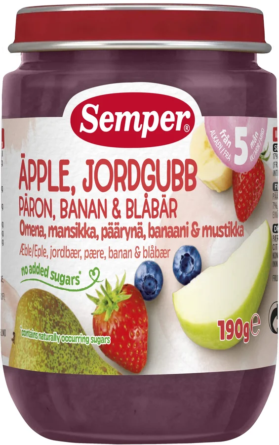Puré Jordgubb, äpple, päron, banan & blåbär 5 Mån
