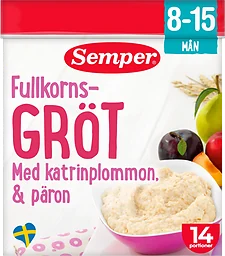 Fullkornsgröt Pear, prune & apple 8M 14 port 470g Semper