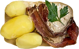 Stekt fläsk med löksås och kokt potatis