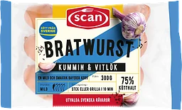 Bratwurst Kummin Vitlök 75% Kötthalt 300g Scan