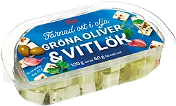 Tärnad ost i olja Gröna oliver & vitlök 100g ICA