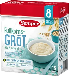 Fullkornsgröt Mild & naturell Från 8 mån 16 port 480g Semper