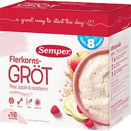 Flerkornsgröt Päron, Äpple & Hallon 8m 16 port 480g Semper