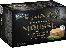 Kattmat Mousse Delikatessbox Kyckling/Nöt/Lax 12p Mjau Noga Utvalt