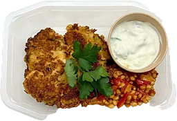 Hallomibiff med tzatziki och matvete