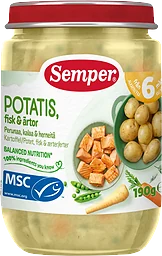 Barnmat Potatis, fisk & ärtor 6m 190g Semper