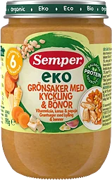 Barnmat Grönsaker med kyckling & bönor Eko 6m 190g Semper